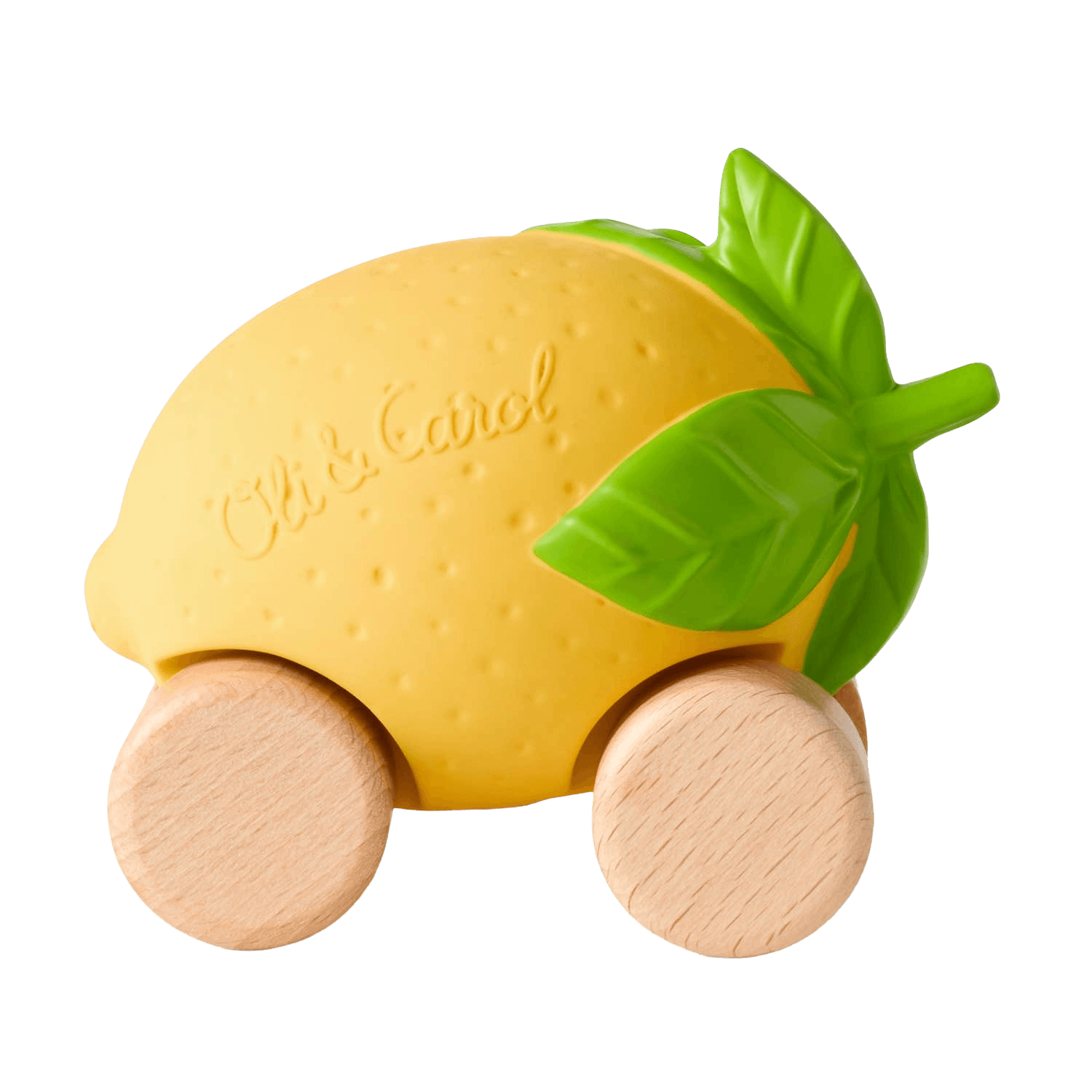 Toy lemon with wooden wheels and green leaf.