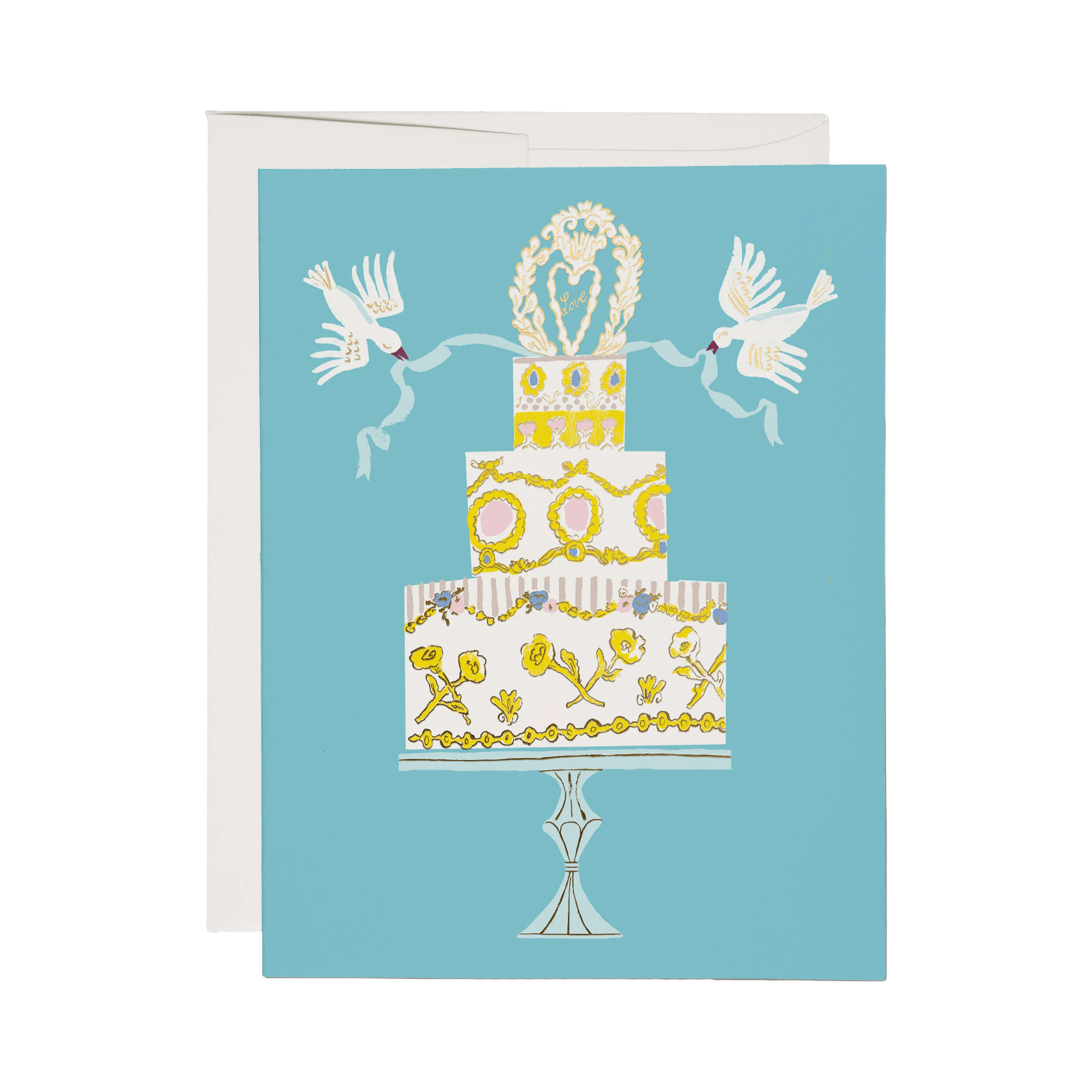 Greeting card with a stylized wedding cake illustration and two white doves on a blue background