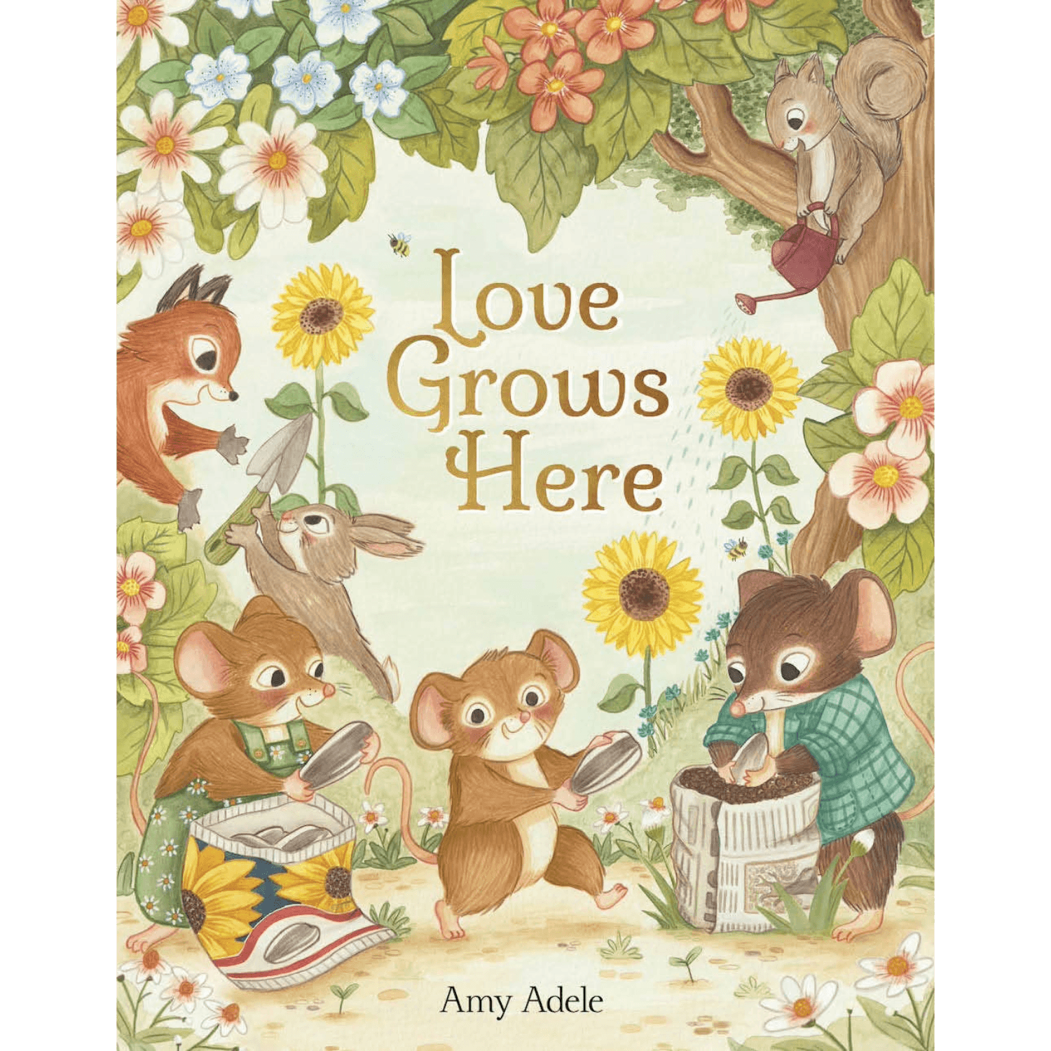 Book cover of 'Love Grows Here' with illustrations of animals and flowers.