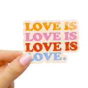 Sticker with 'LOVE IS LOVE IS LOVE' text held by a hand