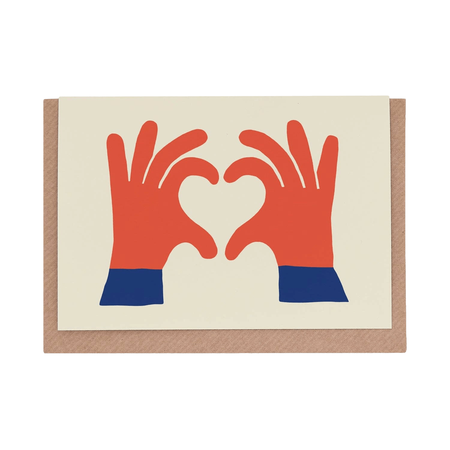 Illustration of two red hands making a heart shape on a beige card with a brown border.