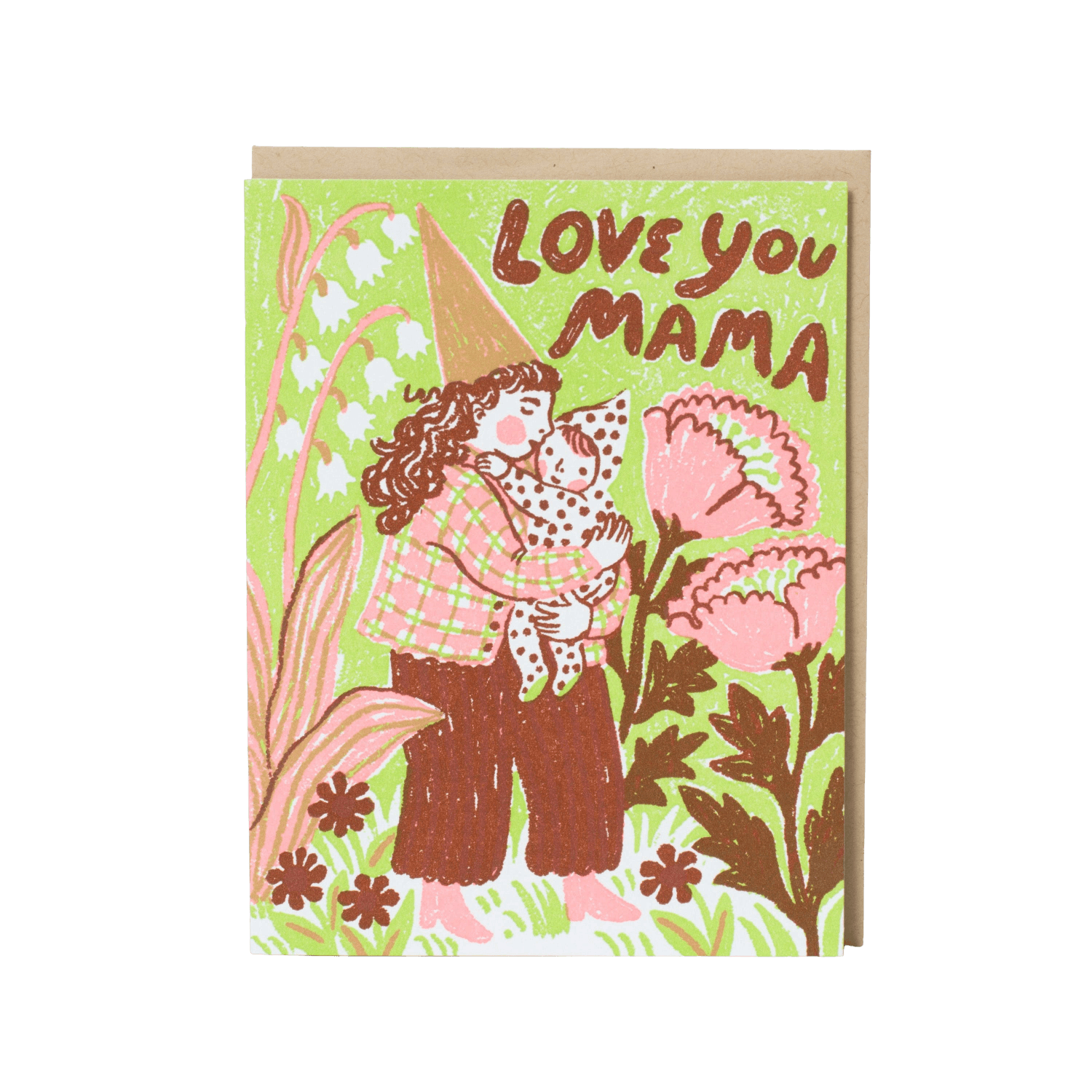 Greeting card with illustration of a child in a cone hat hugging a woman, surrounded by flowers and text 'Love you Mama'.