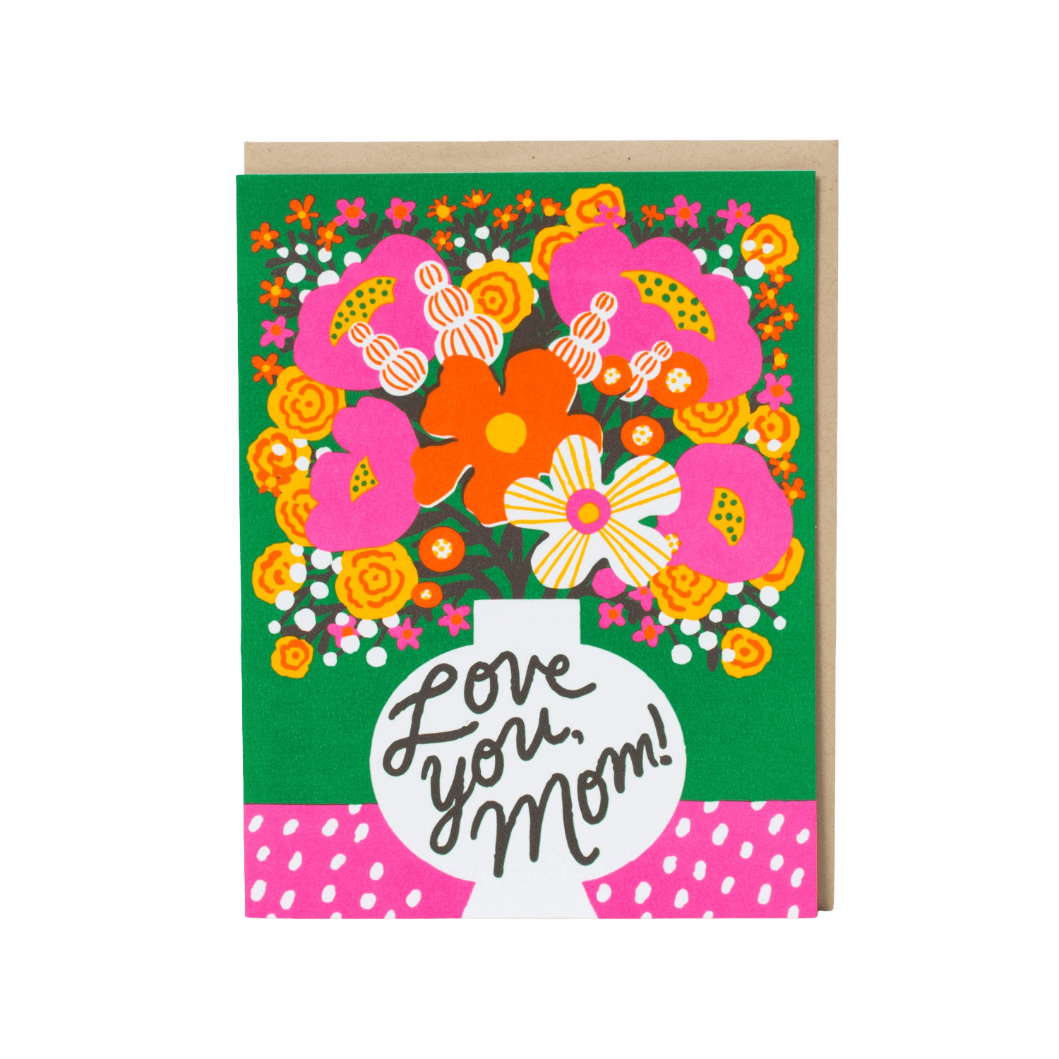 Greeting card with colorful floral design and 'Love you, Mom!' text on a green background