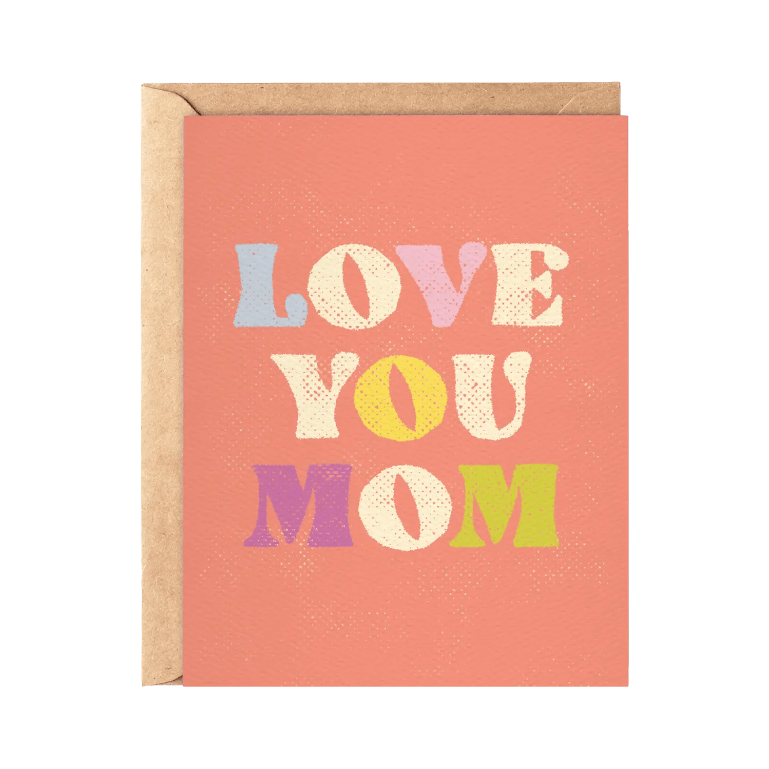 Greeting card with 'Love You Mom' text on a pink background