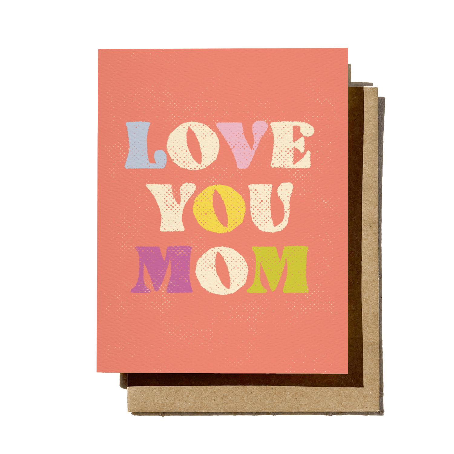 Card with 'Love You Mom' text in colorful letters on a pink background