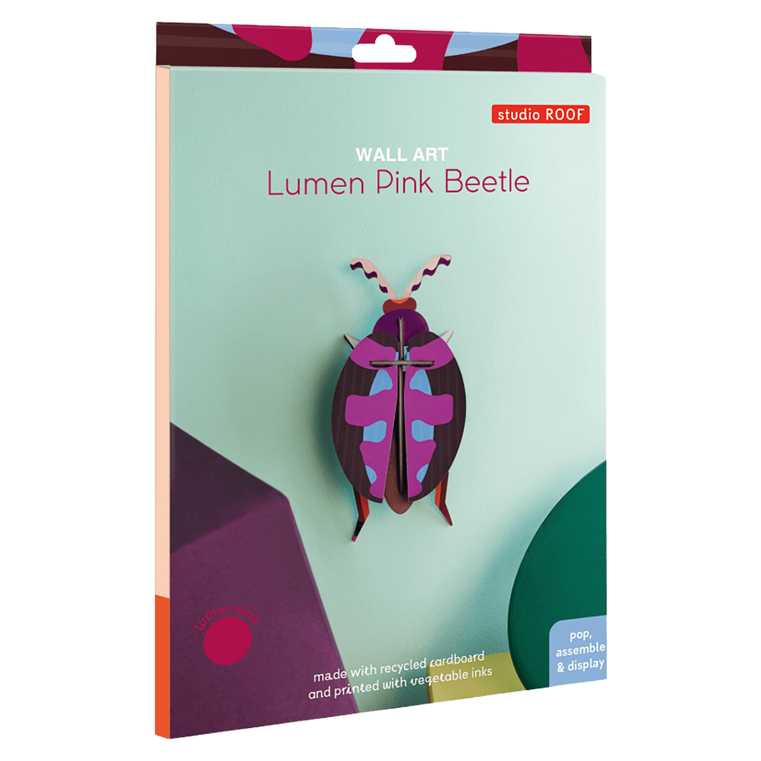 Packaging of Lumen Pink Beetle wall art with studio ROOF branding.