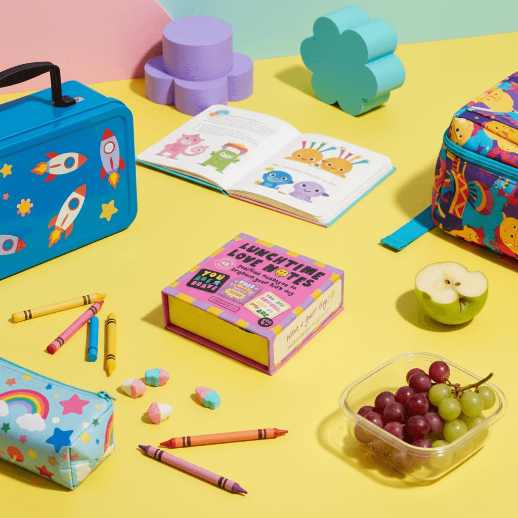 Colorful school supplies and snacks on a yellow surface
