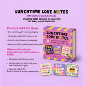 Lunchtime Love Notes affirmation cards packaging and information sheet on a purple background 