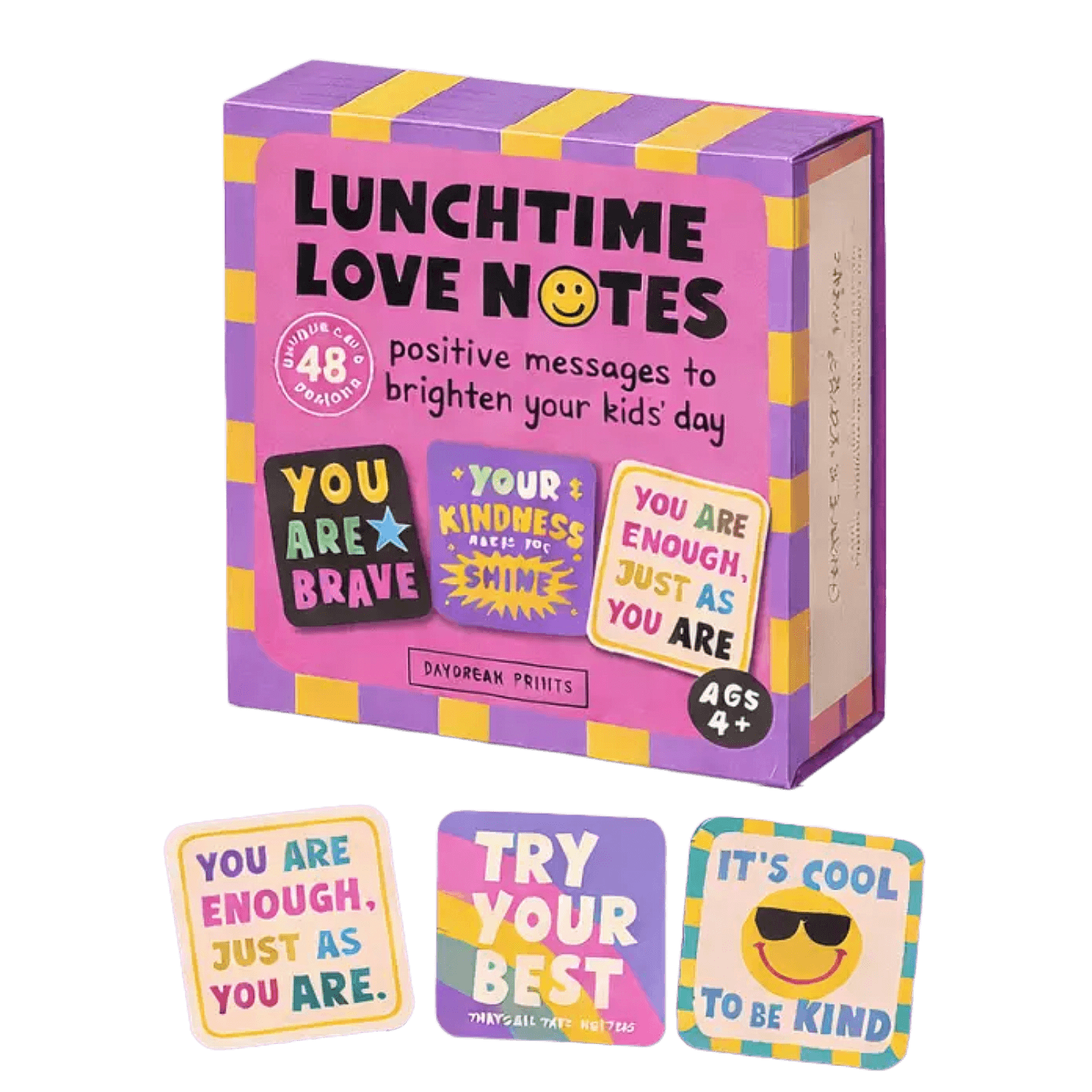 Box of 'Lunchtime Love Notes' with colorful cards on a black background