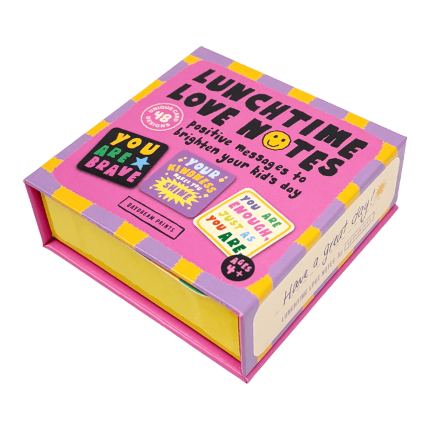 Pink and yellow box of 'Lunchtime Love Notes' with positive messages.