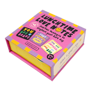 Pink and yellow box of 'Lunchtime Love Notes' with positive messages.