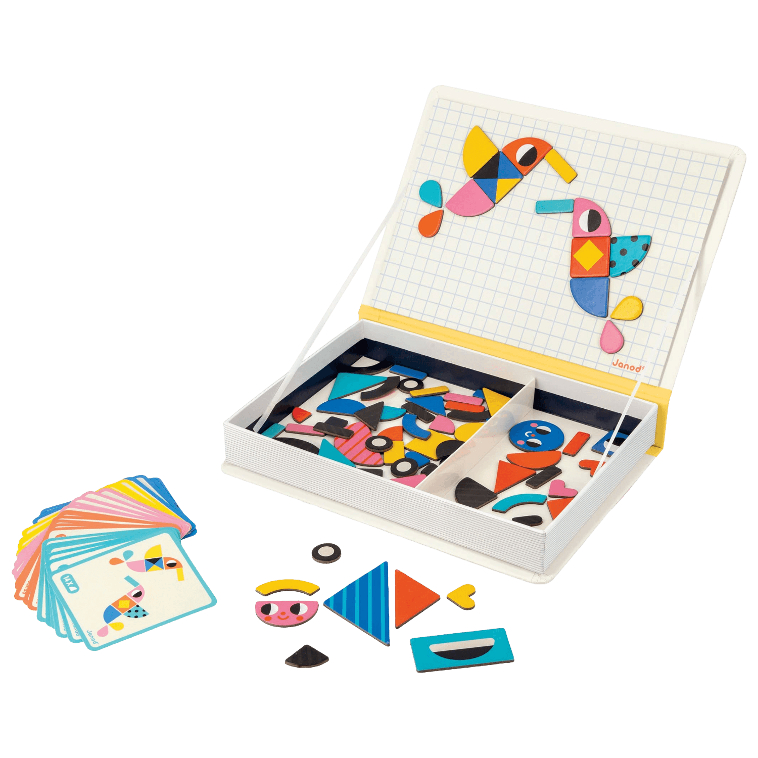 Colorful geometric magnet set with cards on a white background