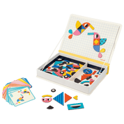 Colorful geometric magnet set with cards on a white background