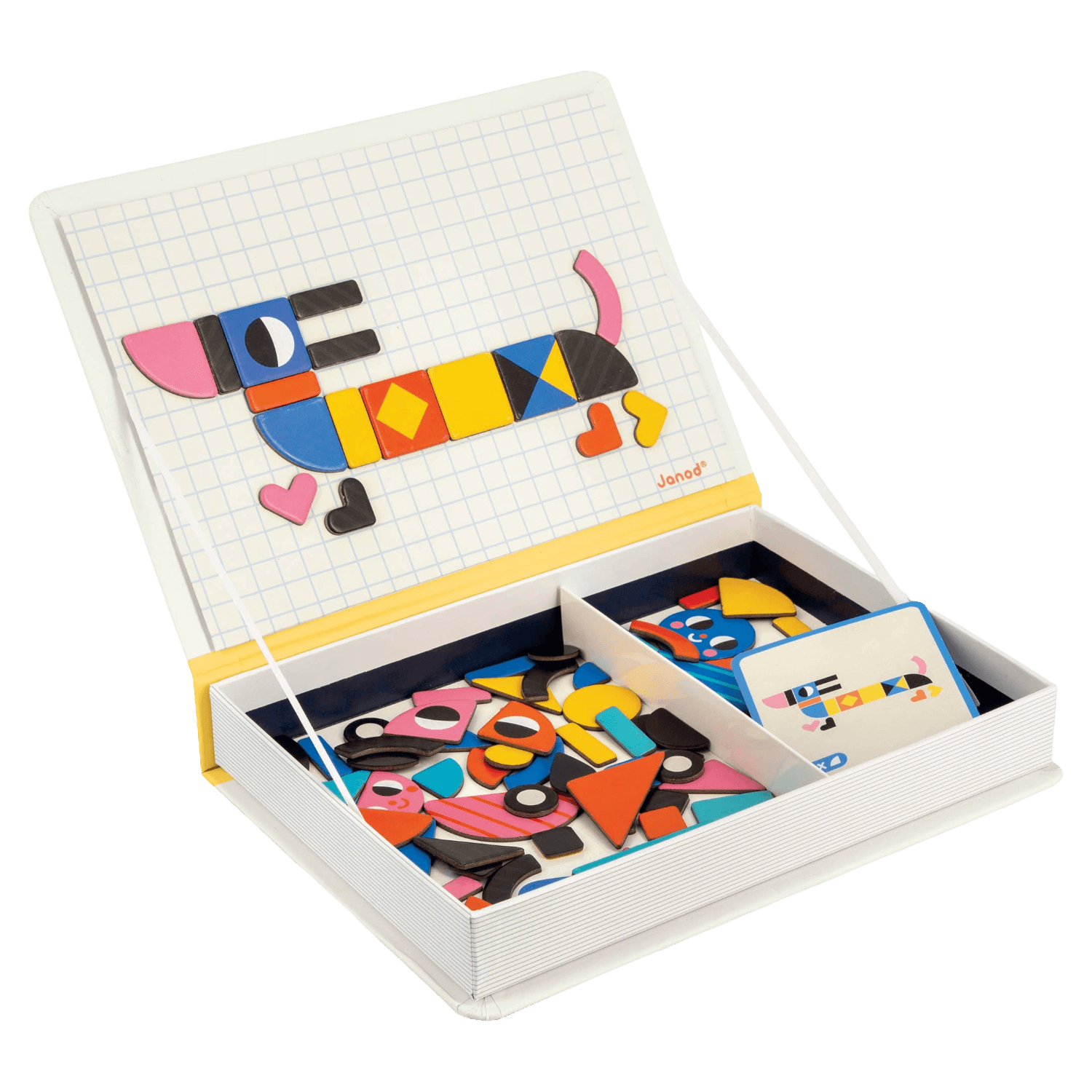 Colorful geometric magnet pieces in a white box