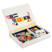 Colorful geometric magnet pieces in a white box
