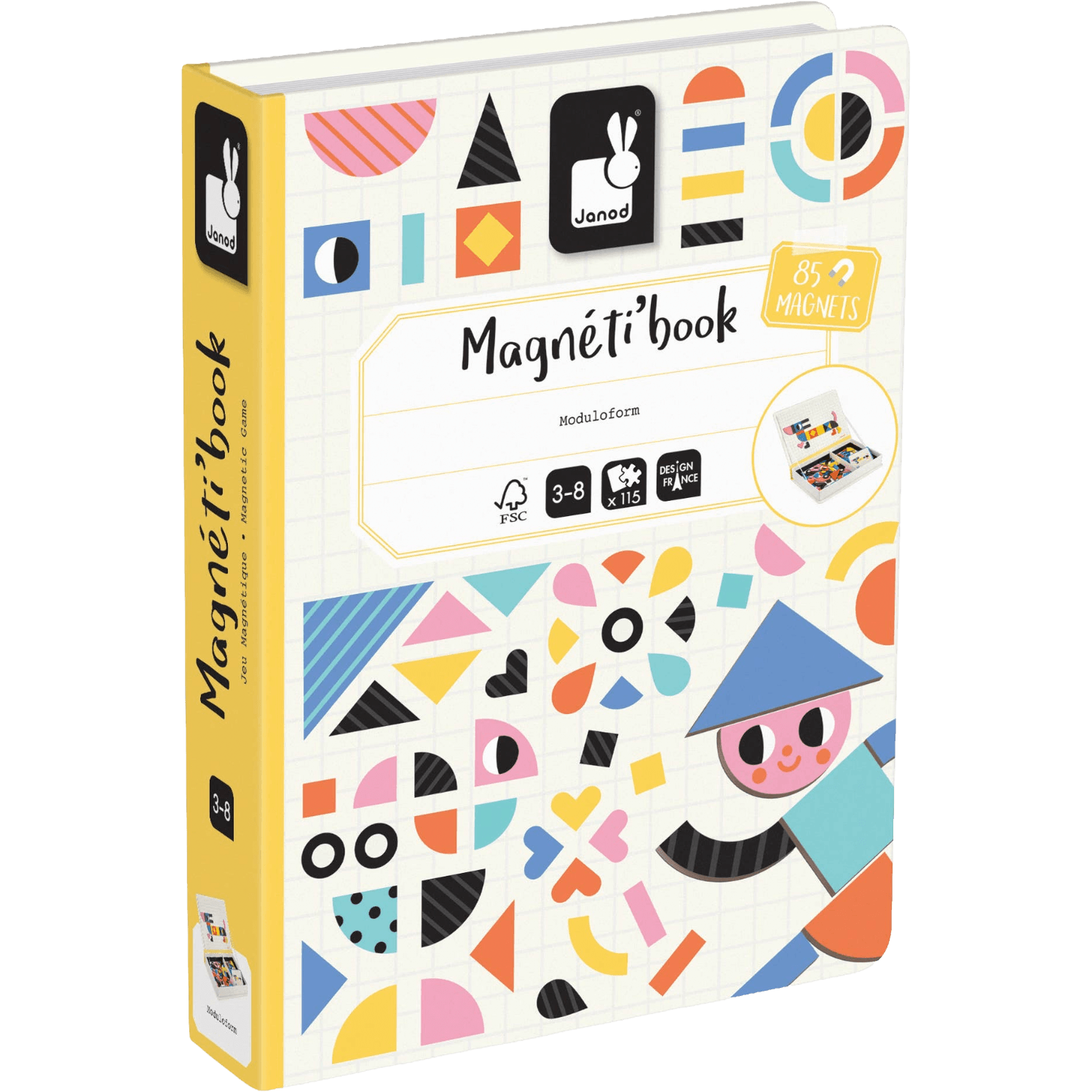 Colorful magnet book packaging with geometric designs on a white background