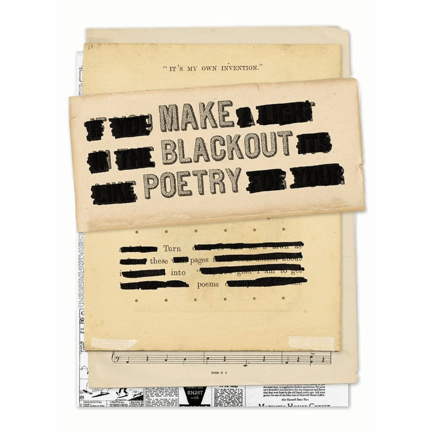 A book cover of a set of vintage-style poetry printouts or cards with aged cream paper, black text, and black scribbled censorship bars over portions of the text. The cards are stacked and overlapping on a white background.
