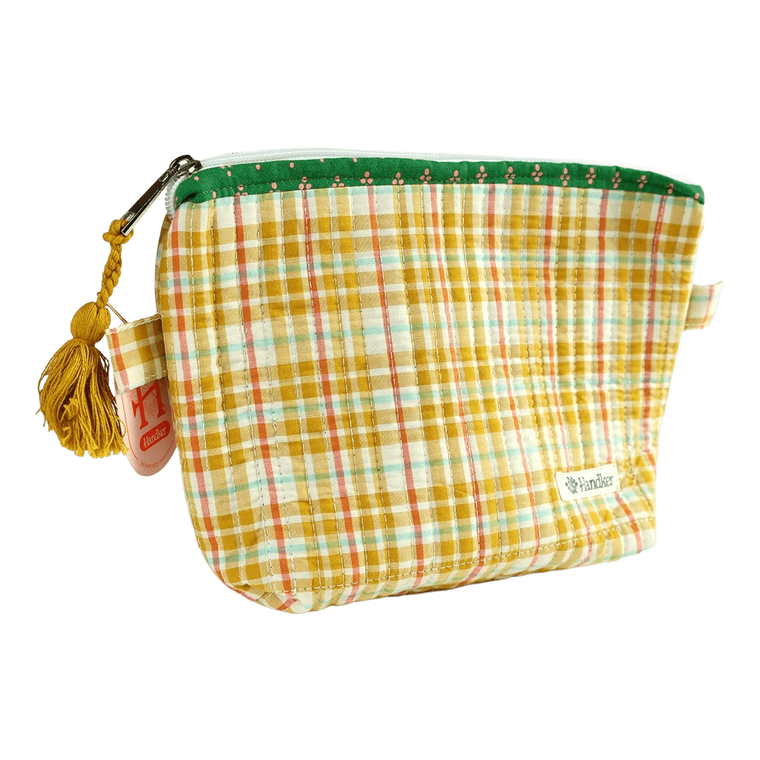 yellow, white and green plaid pouch with tassel