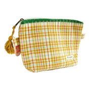 yellow, white and green plaid pouch with tassel