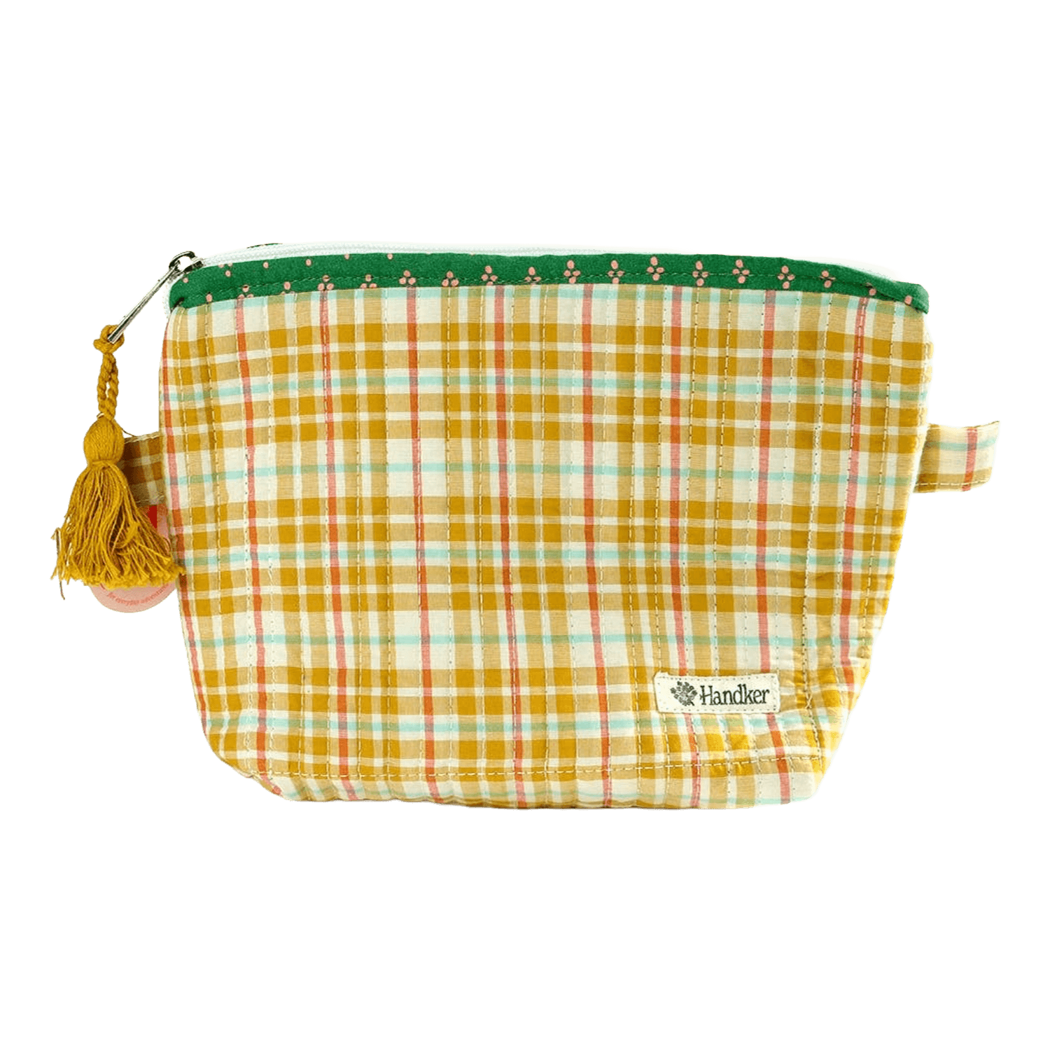 Yellow and white checkered pouch with a tassel