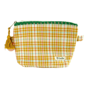 Yellow and white checkered pouch with a tassel