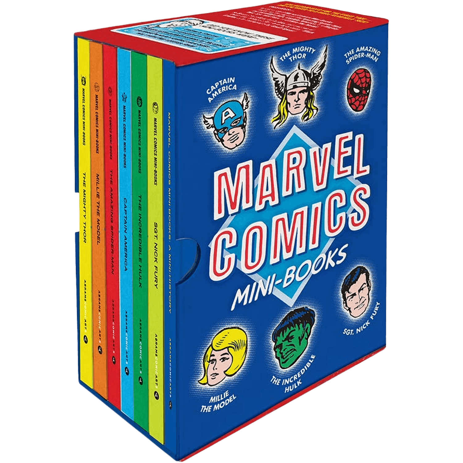 Box set of Marvel Comics mini-books with character illustrations on a blue background