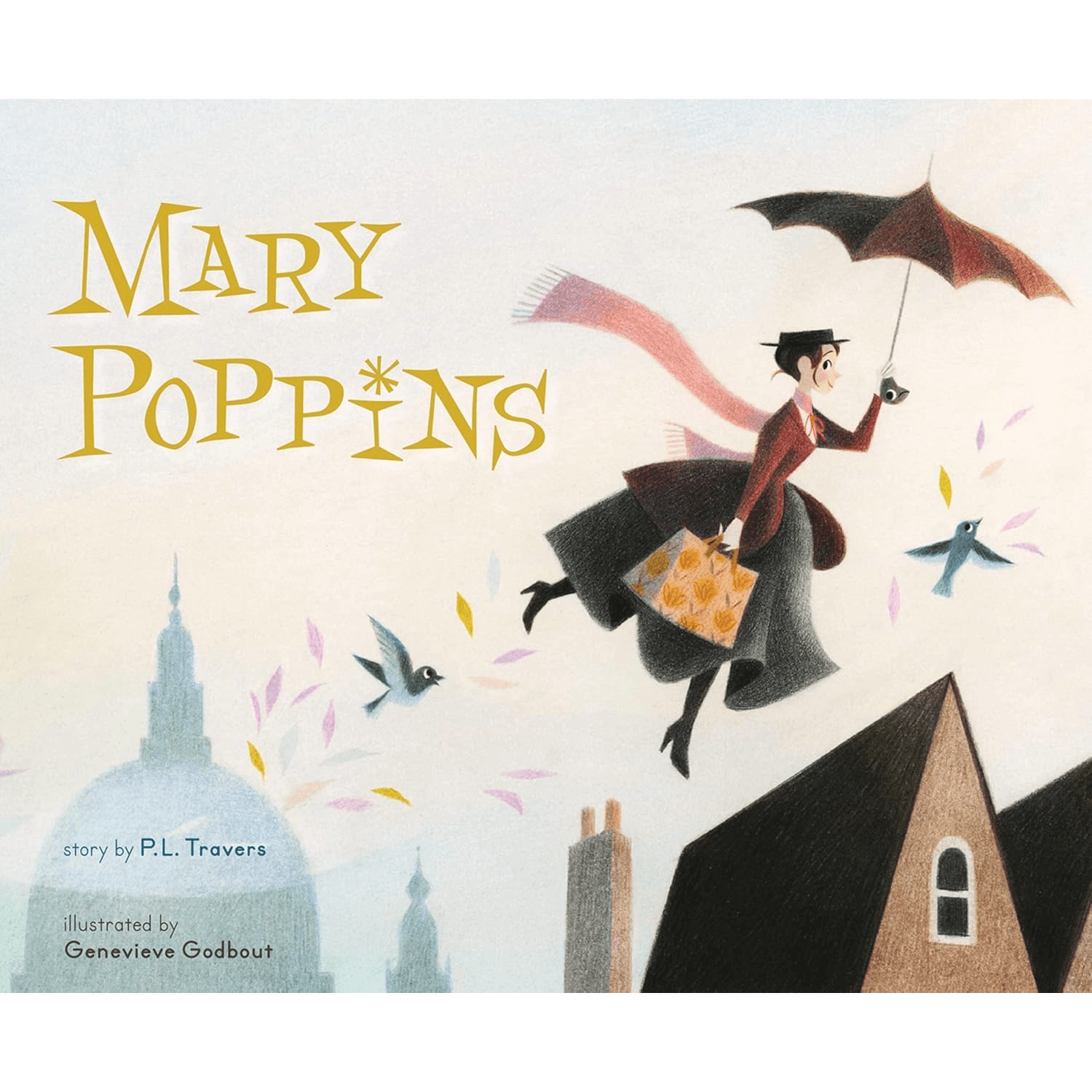 Illustrated book cover of 'Mary Poppins' with a character flying through the air.