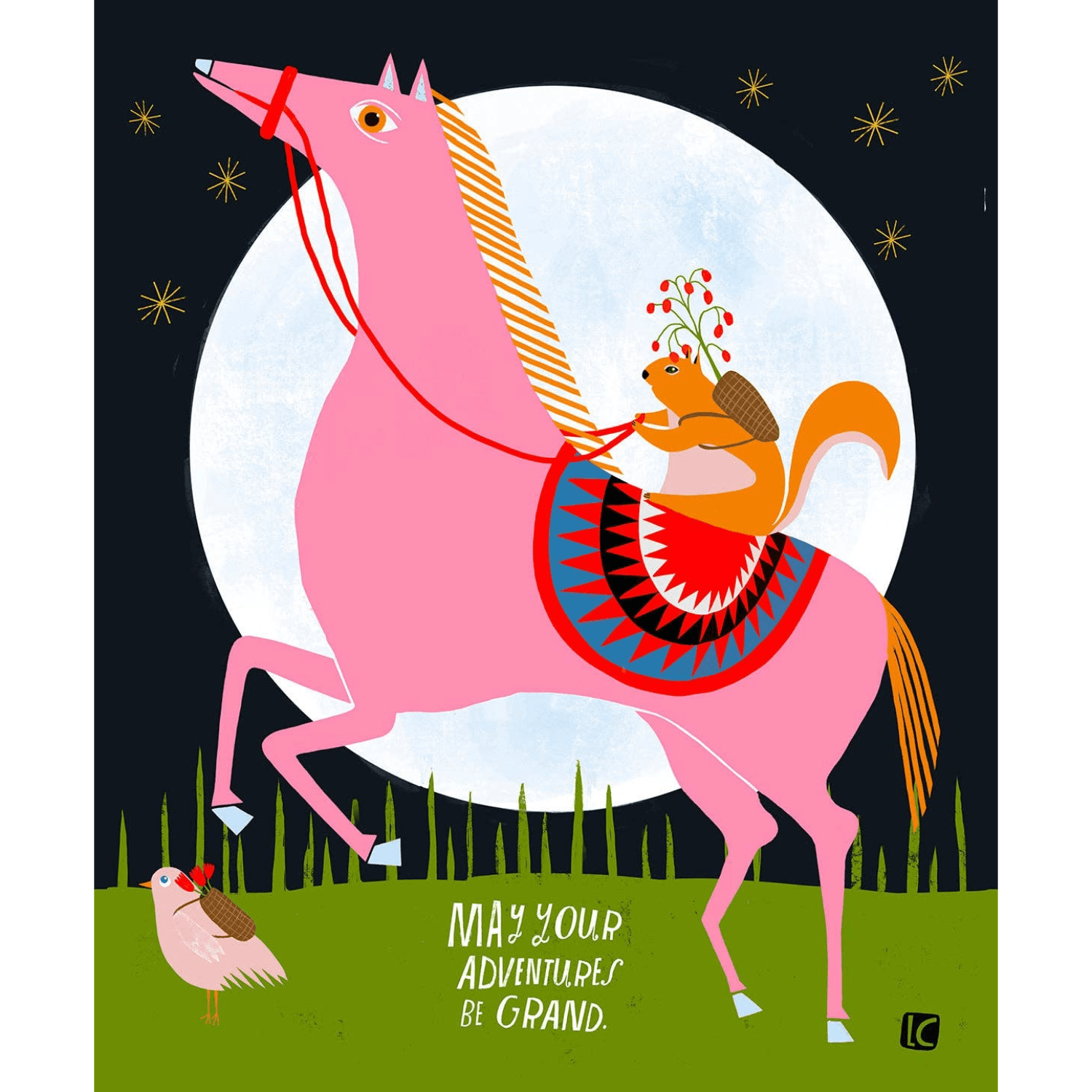 Illustration of a pink horse with a rider and a bird, under a moonlit sky.