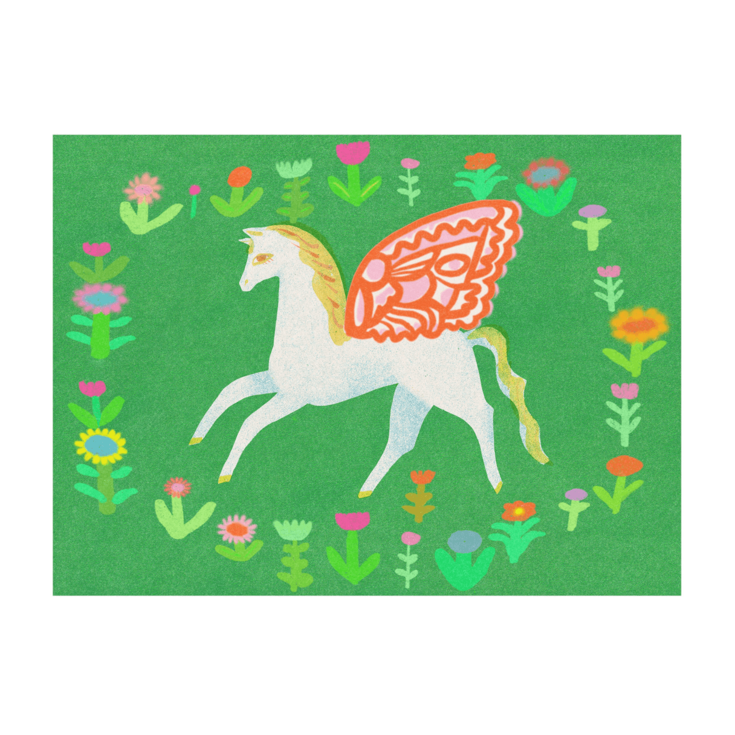 Colorful illustration of a unicorn surrounded by flowers on a green background