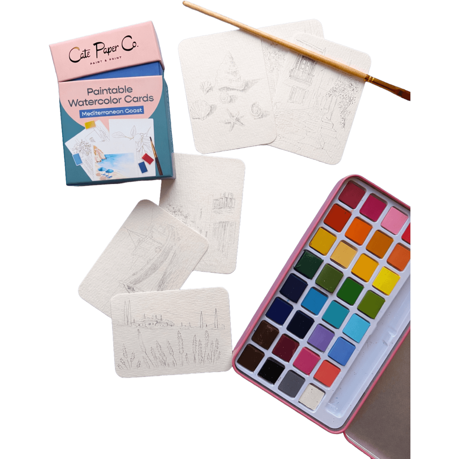 Paintable watercolor cards with a brush and color palette.
