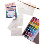 Paintable watercolor cards with a brush and color palette.
