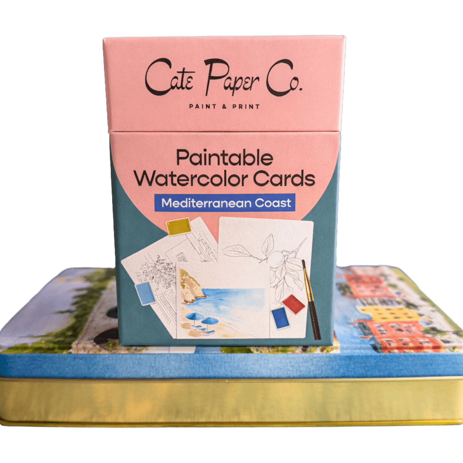 Cate Paper Co. paintable watercolor cards packaging with illustrations.