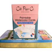 Cate Paper Co. paintable watercolor cards packaging with illustrations.