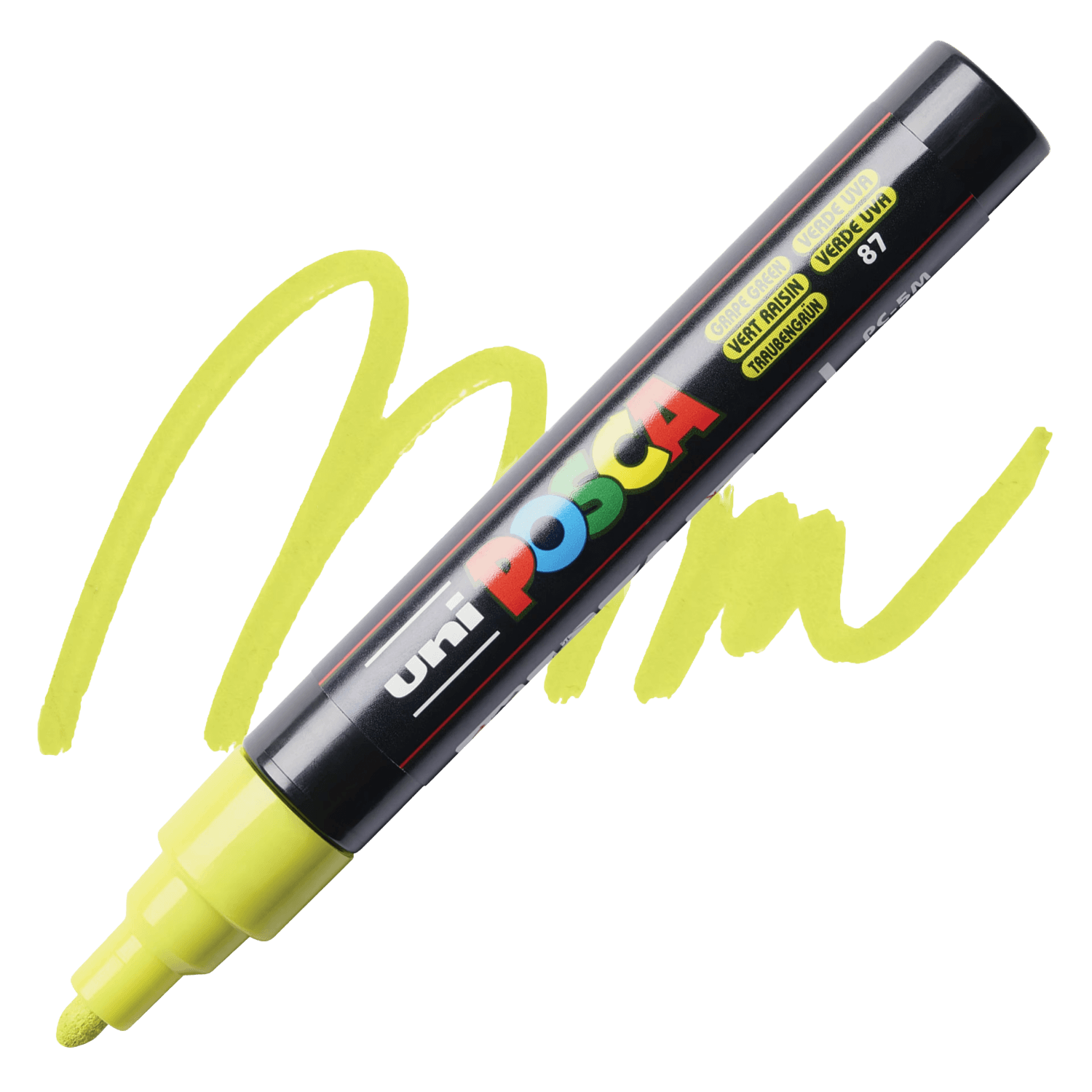 Uni Posca marker with yellow green squiggle on a black background