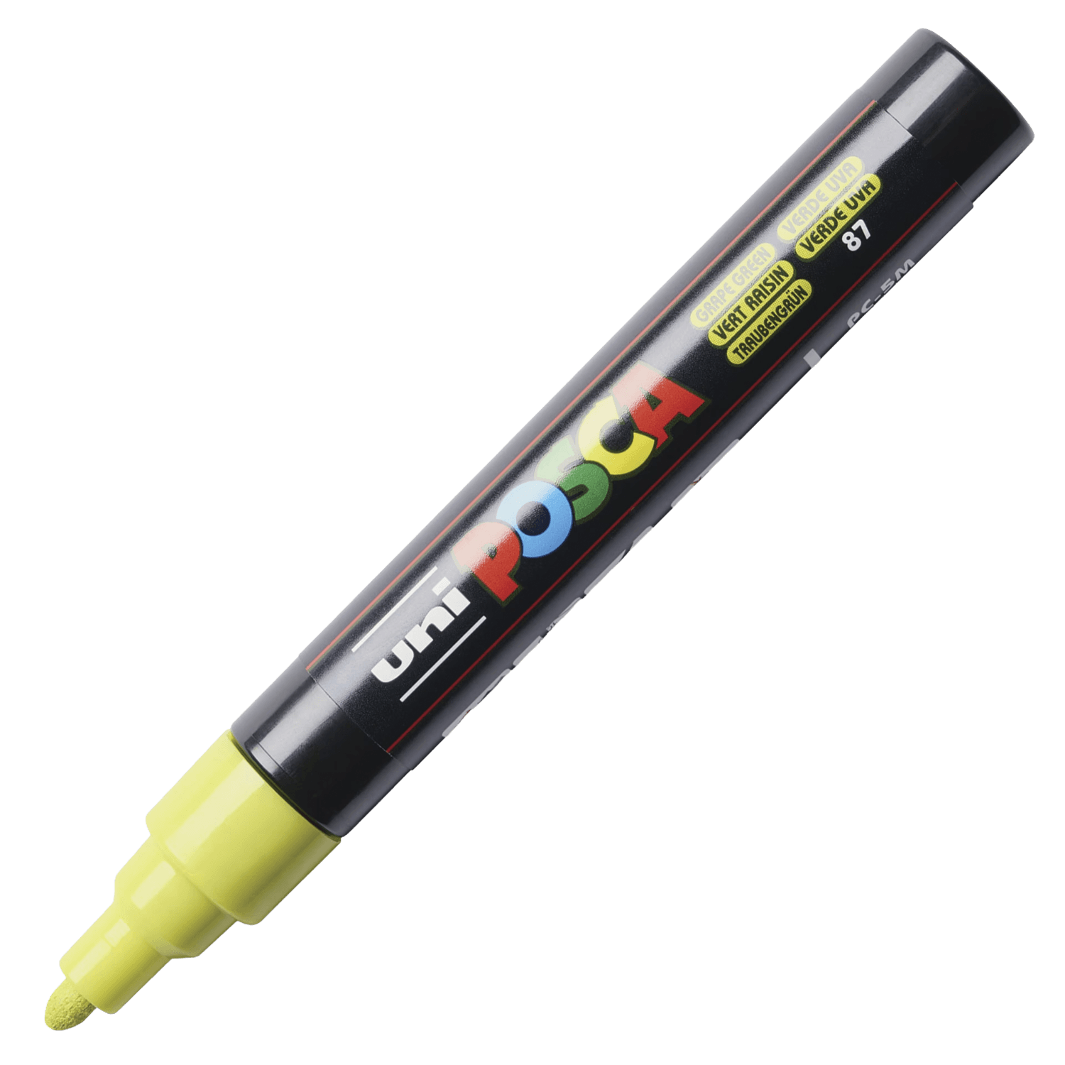 Yellow-Green paint pen with 'Uni Posca' branding on a black background