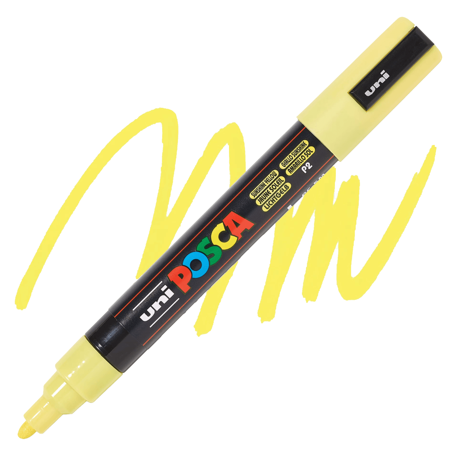 Yellow marker with 'Uni Posca' branding on a black background