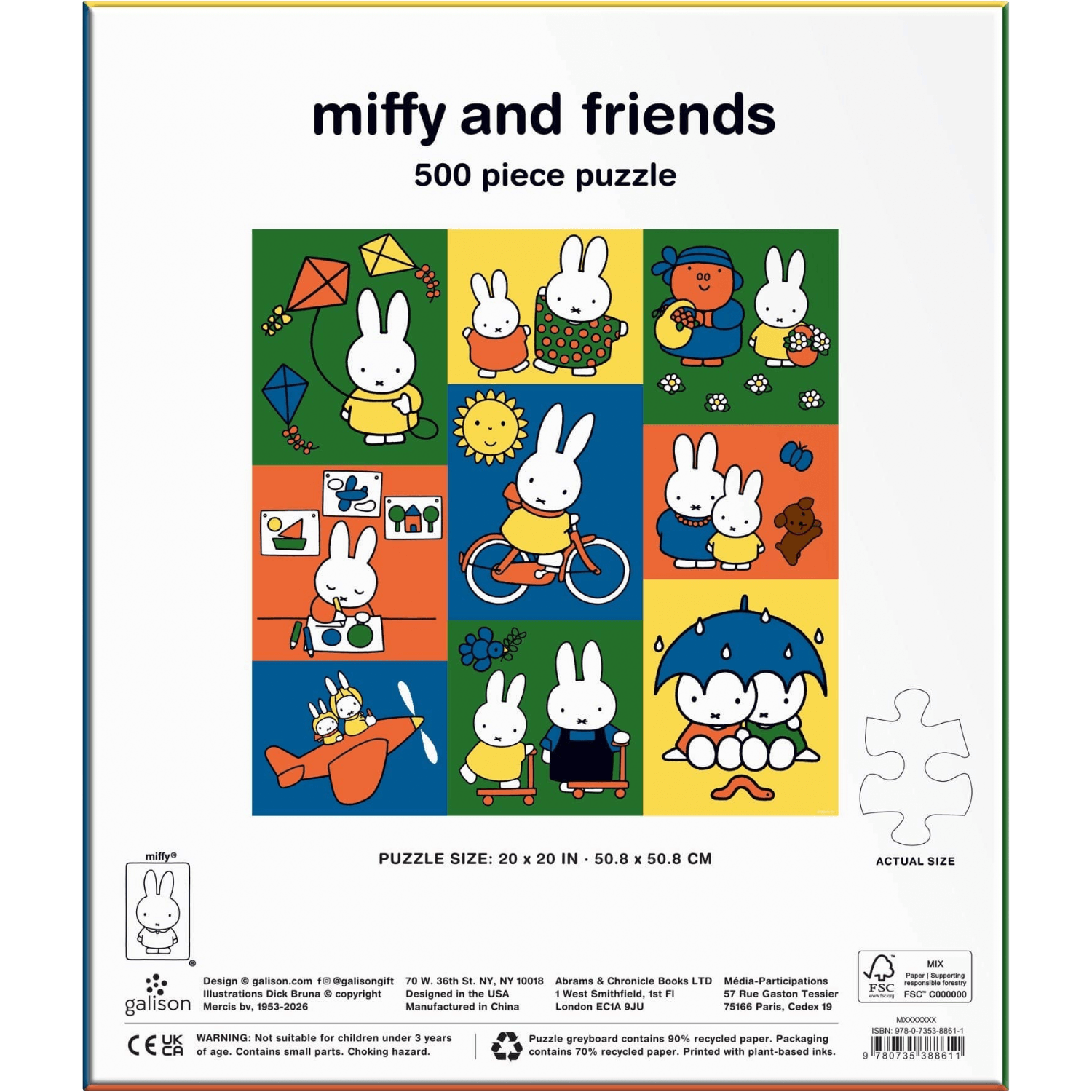 Miffy and friends 500 piece puzzle packaging with colorful illustrations of Miffy in various poses.