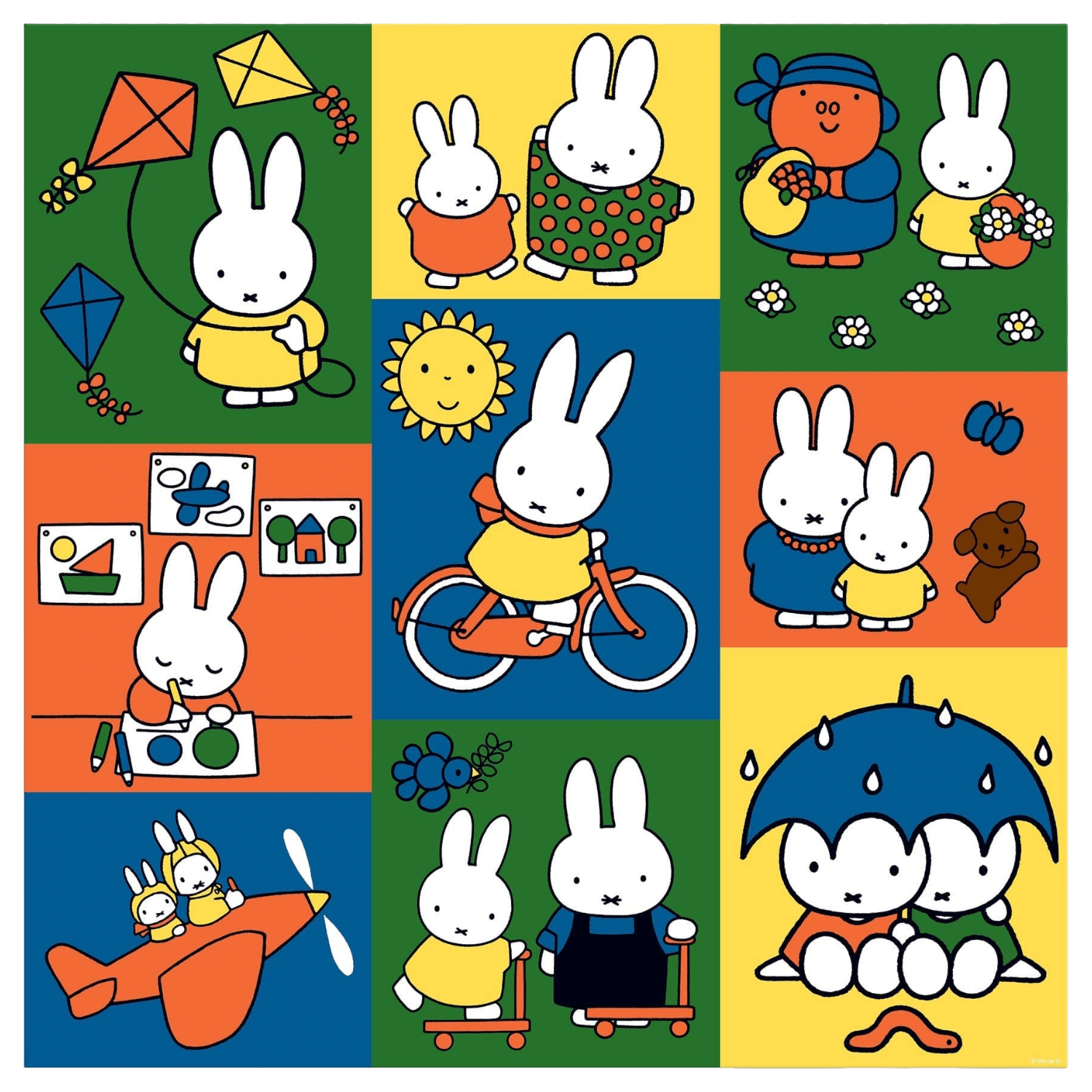 Colorful illustration with cartoon bunnies in various activities