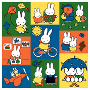 Colorful illustration with cartoon bunnies in various activities