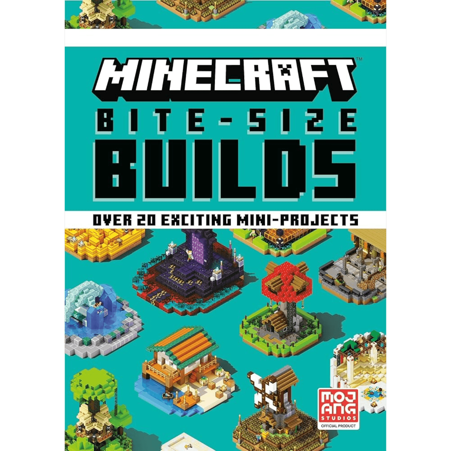 Book cover of 'Minecraft Bite-Size Builds' with various mini-builds on a blue background