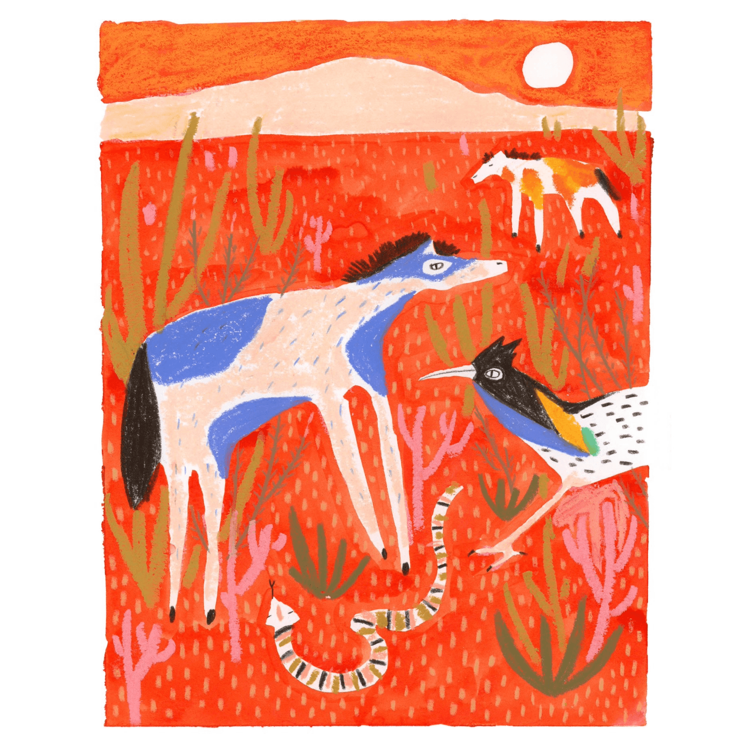 Illustration of a variety of animals in a red desert with a high sun. 