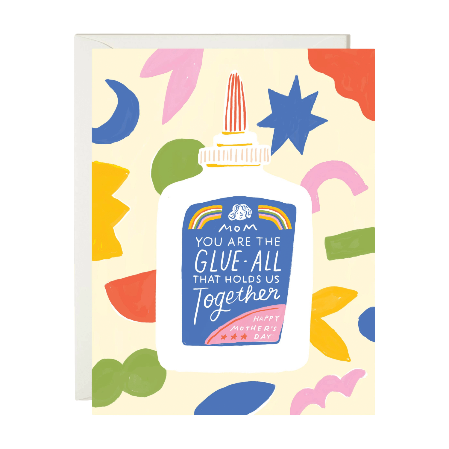 Greeting card with a bottle of glue and colorful abstract shapes on a beige background