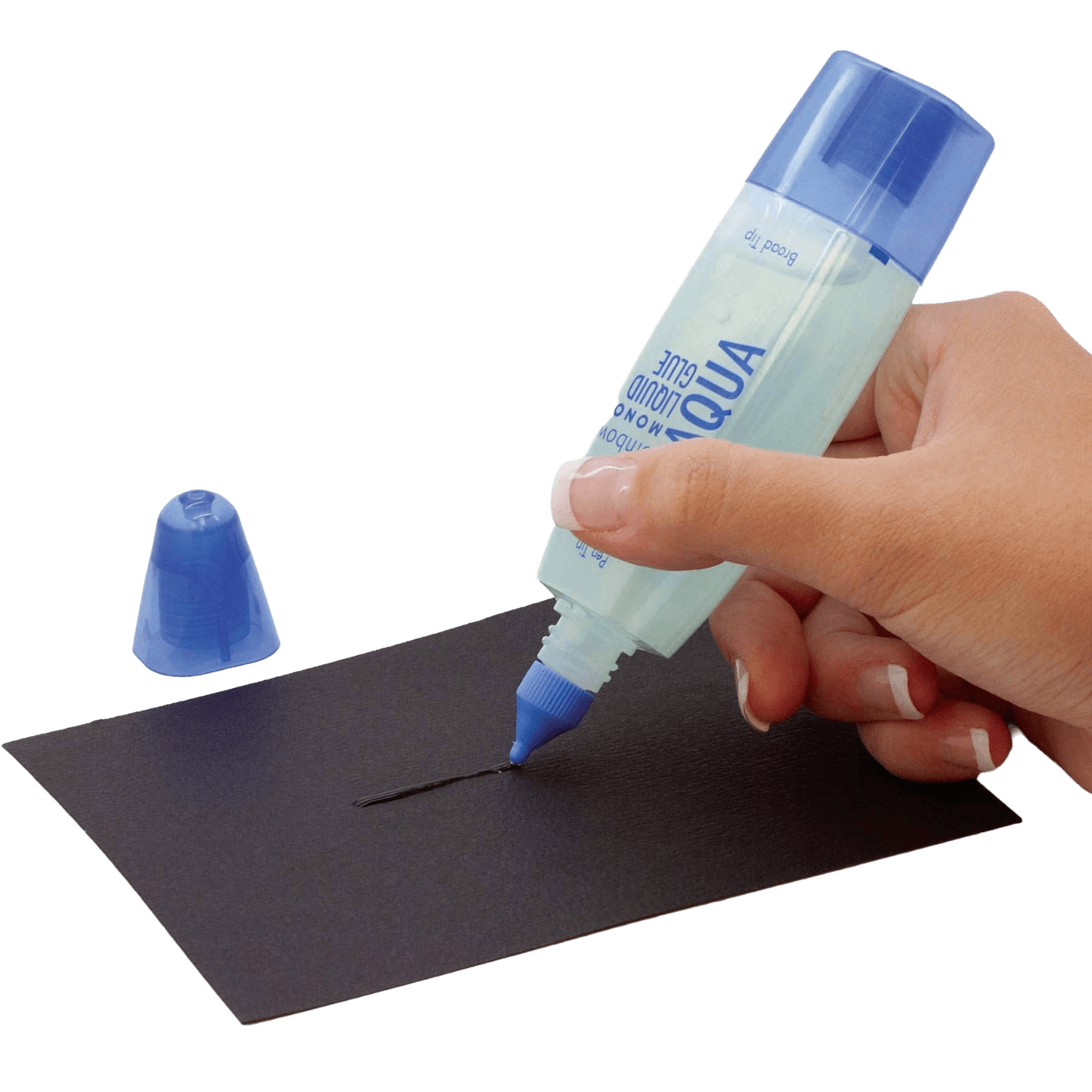 Hand holding a bottle of glue labeled 'Aqua' over a piece of black paper, using the Pen Tip.