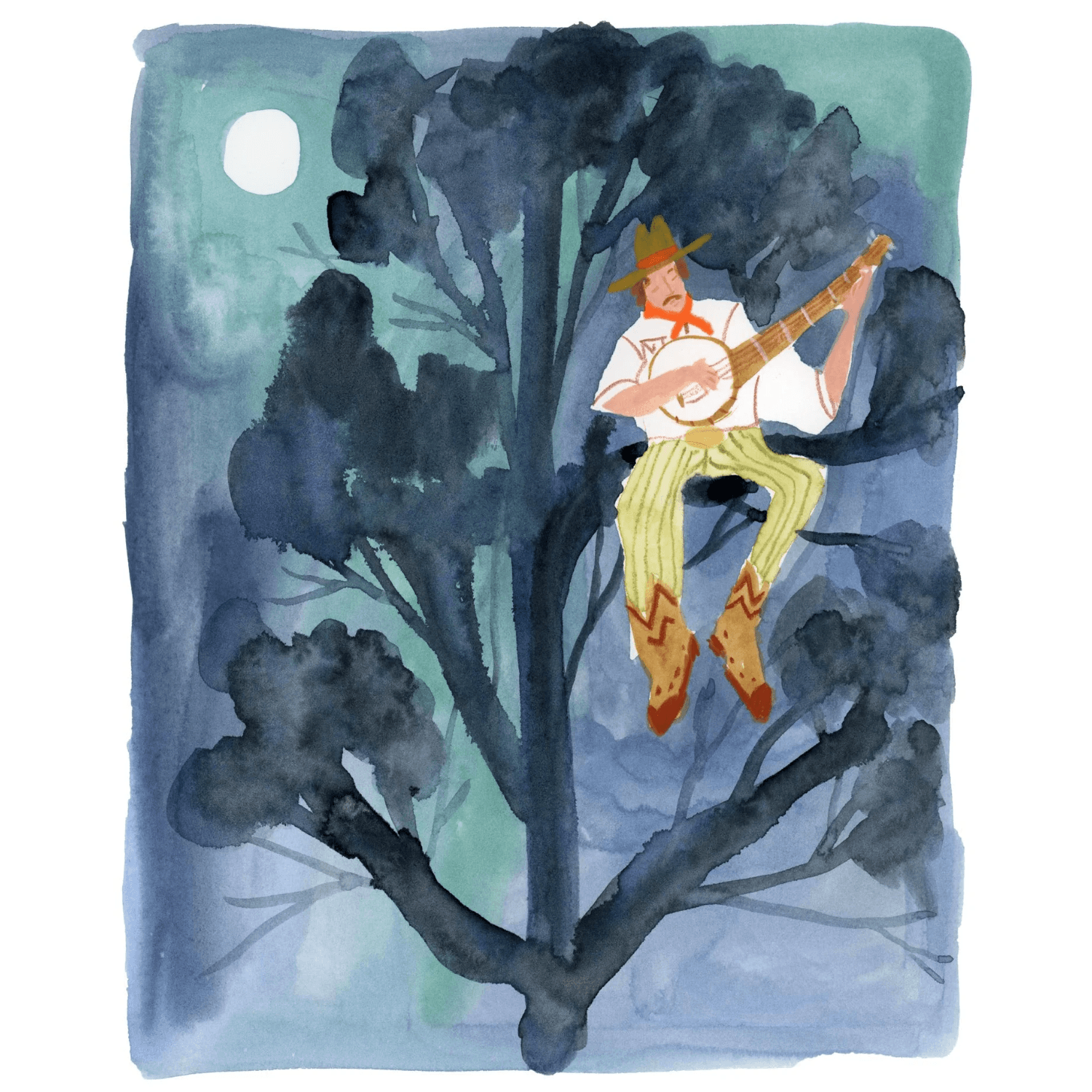 Illustration of a cowboy playing a banjo in a tree with a blue watercolor background with a full moon.