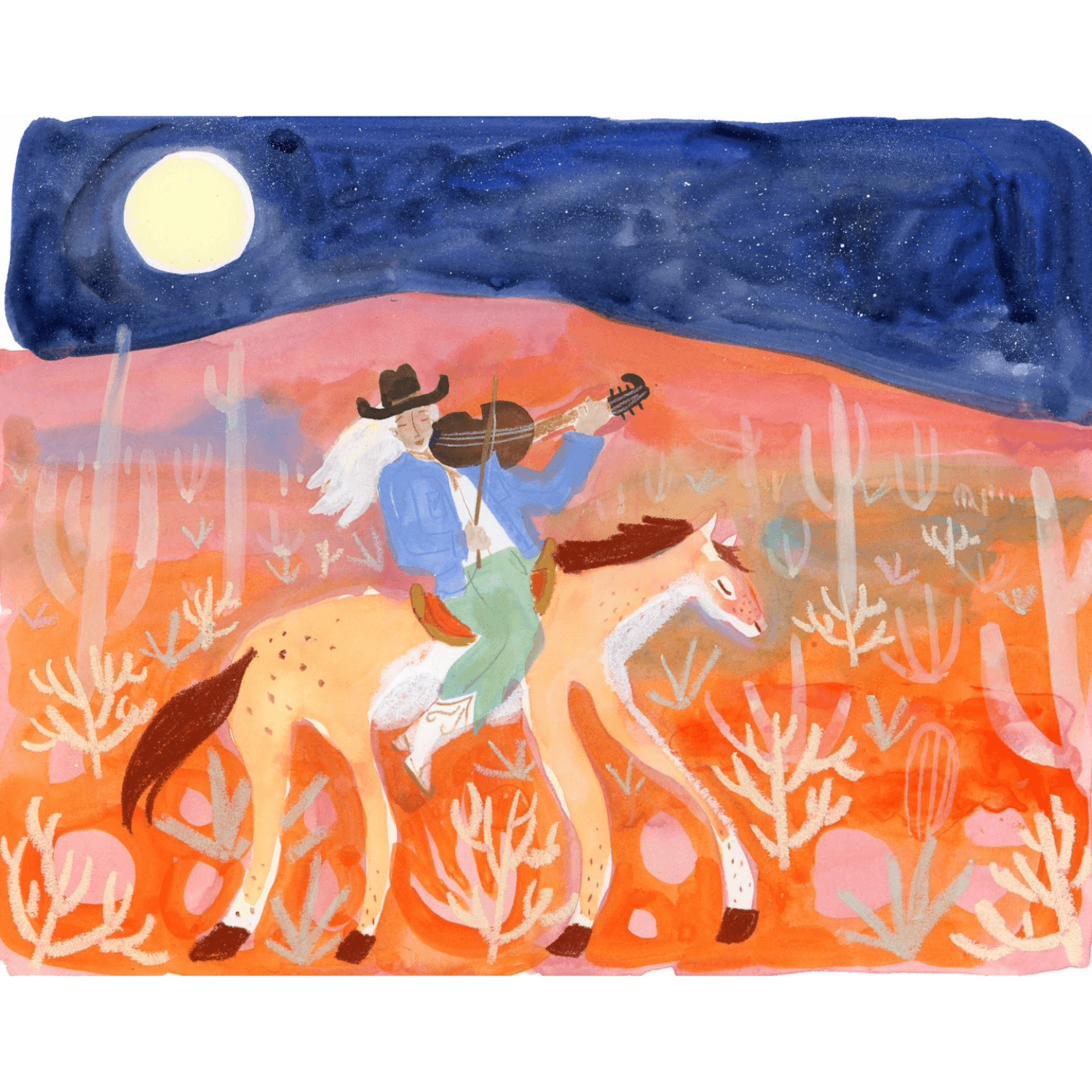Illustration of a cowboy playing violin on a horse in a red desert under a full moonlit sky. 