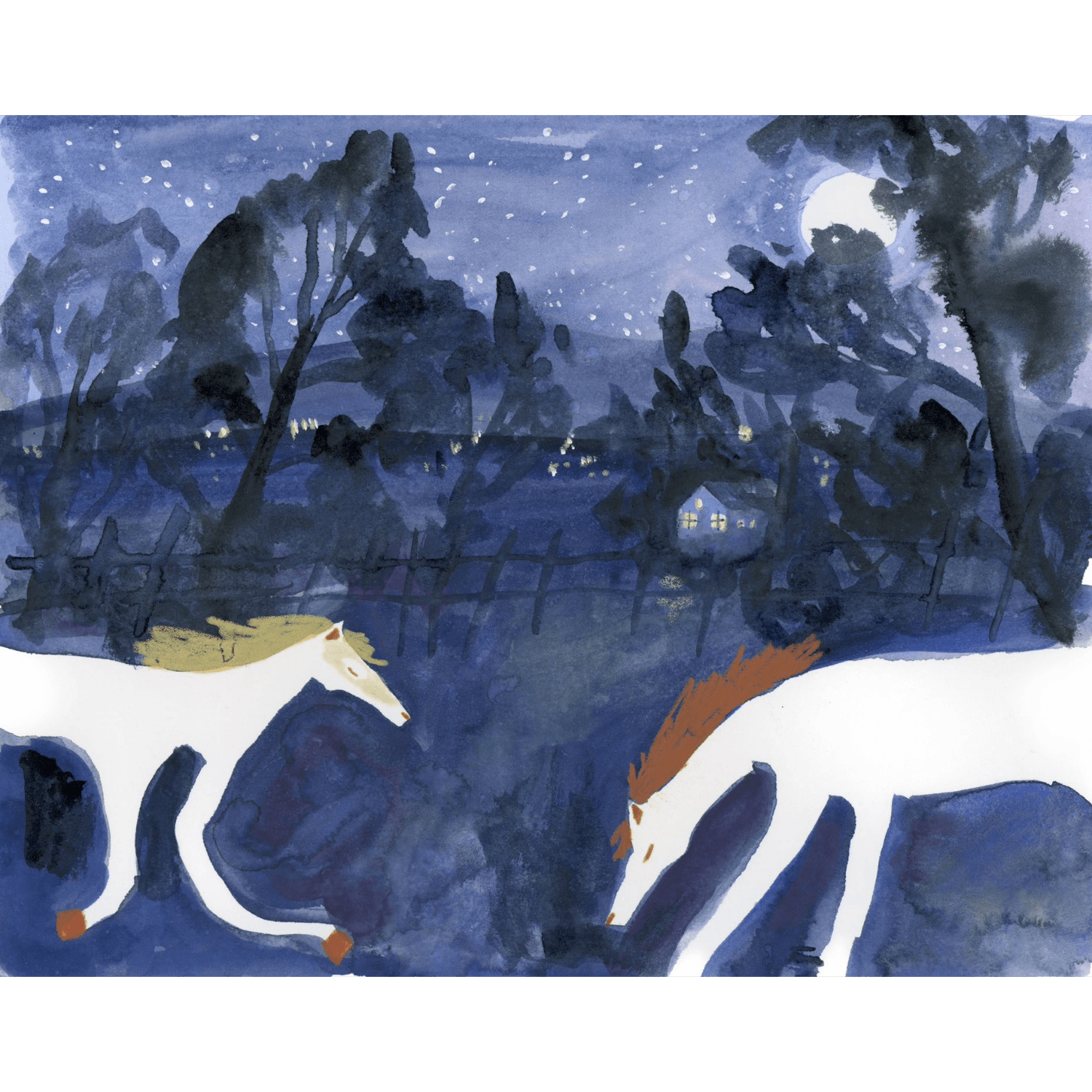 Two white horses in a night-time landscape with trees and a moonlit sky.