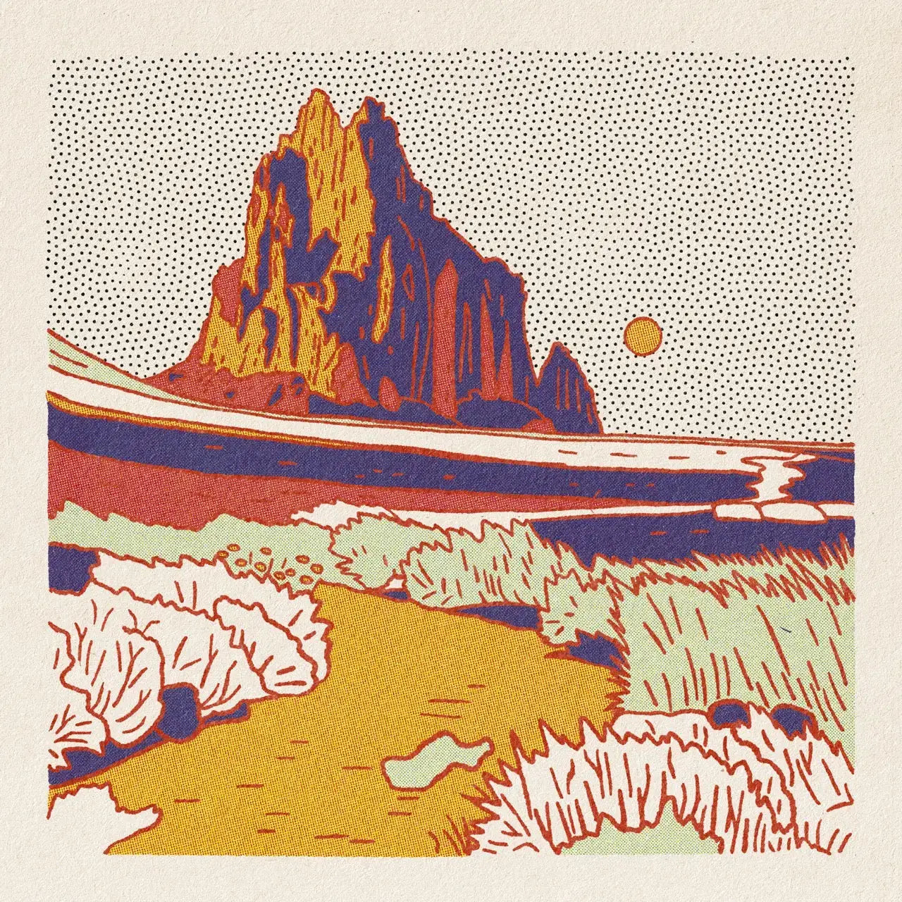 Stylized illustration of a mountain and landscape with a circular pattern.