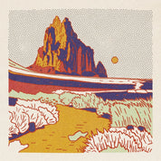 Stylized illustration of a mountain and landscape with a circular pattern.