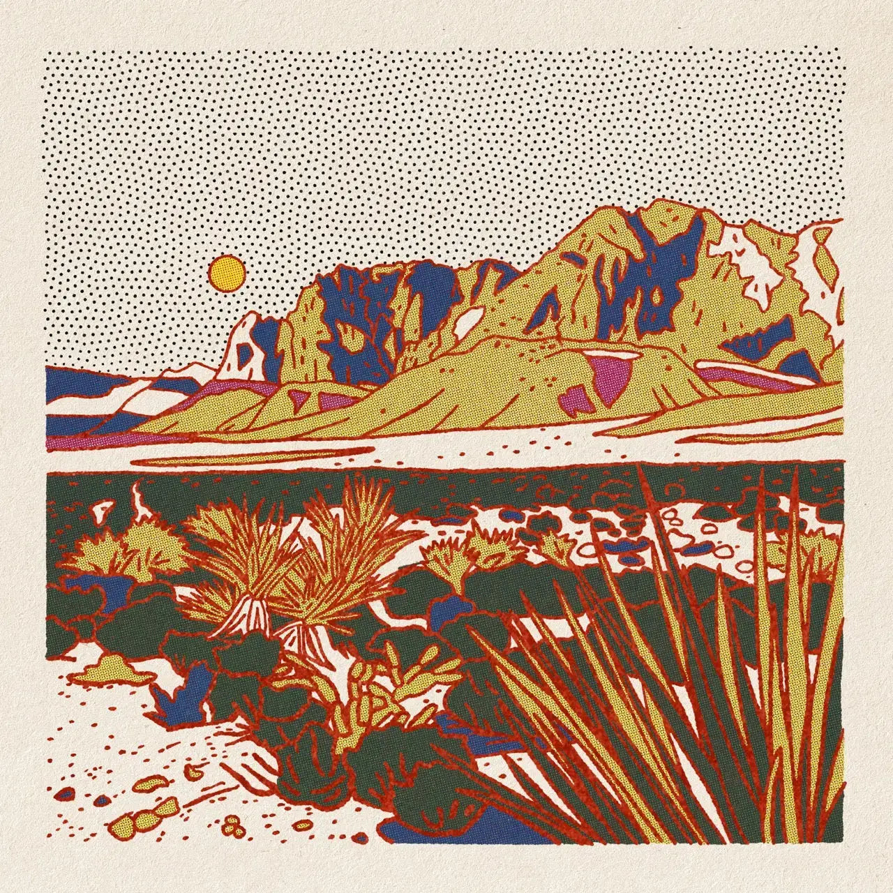 Colorful illustration of a mountain landscape with plants and a sun.