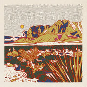 Colorful illustration of a mountain landscape with plants and a sun.